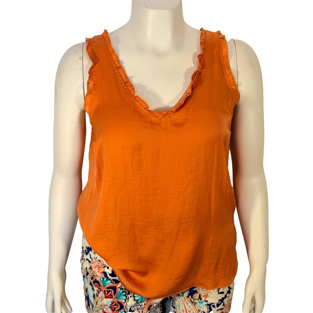 LC Lauren Conrad Tank Blouse Women's M Matte Orange Ruffled V-Neck V-Back